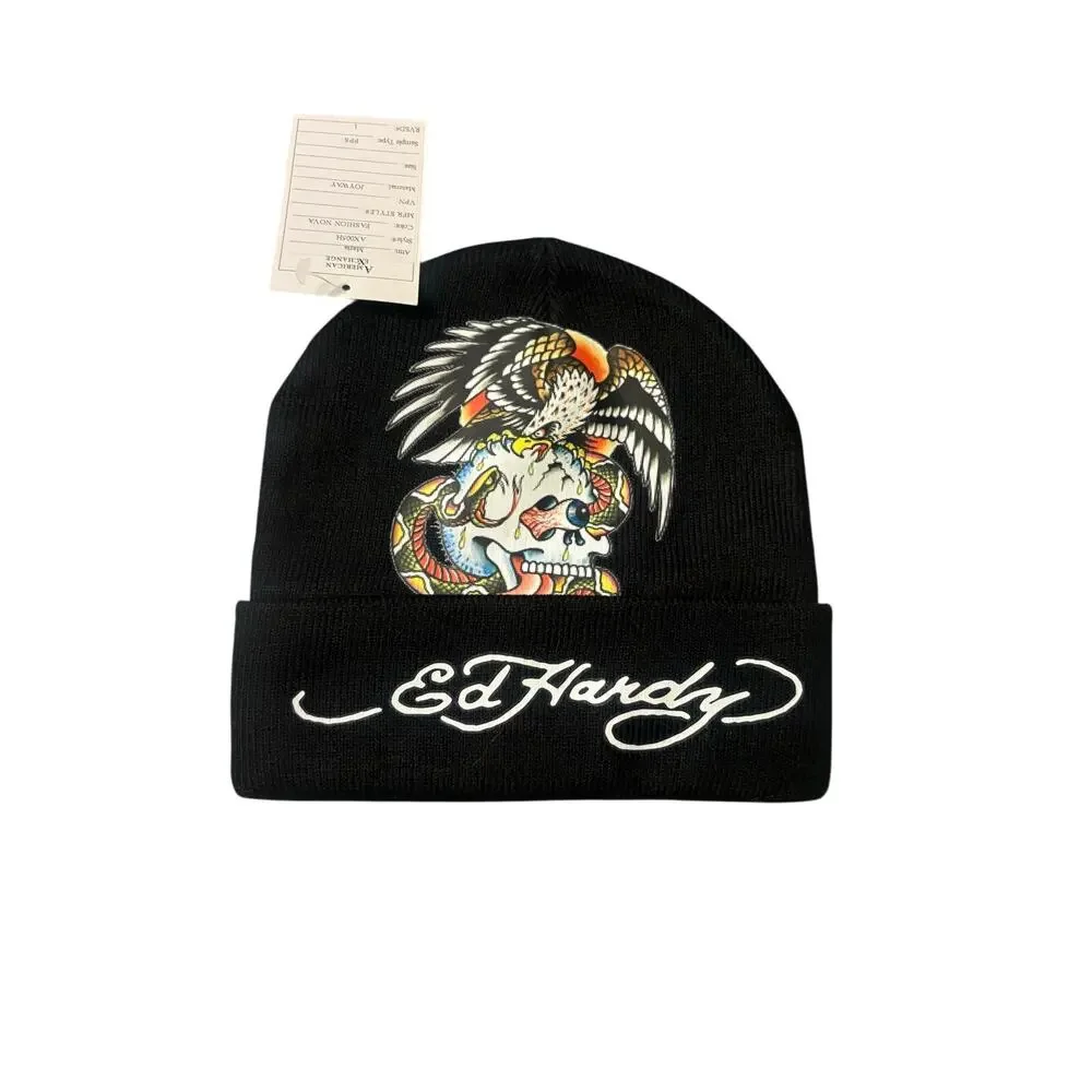 Ed Hardy rare sample winter beanie hat, Black with tattoo style skull, NWT
